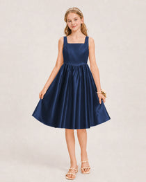 Navy Blue Satin Junior Bridesmaid Dress Knee-Length A-Line Gown
