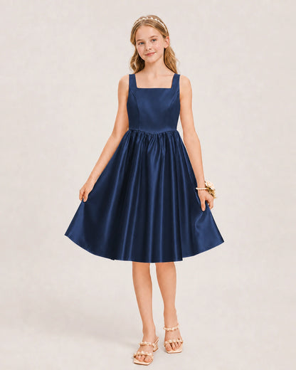 Navy Blue Satin Junior Bridesmaid Dress Knee-Length A-Line Gown