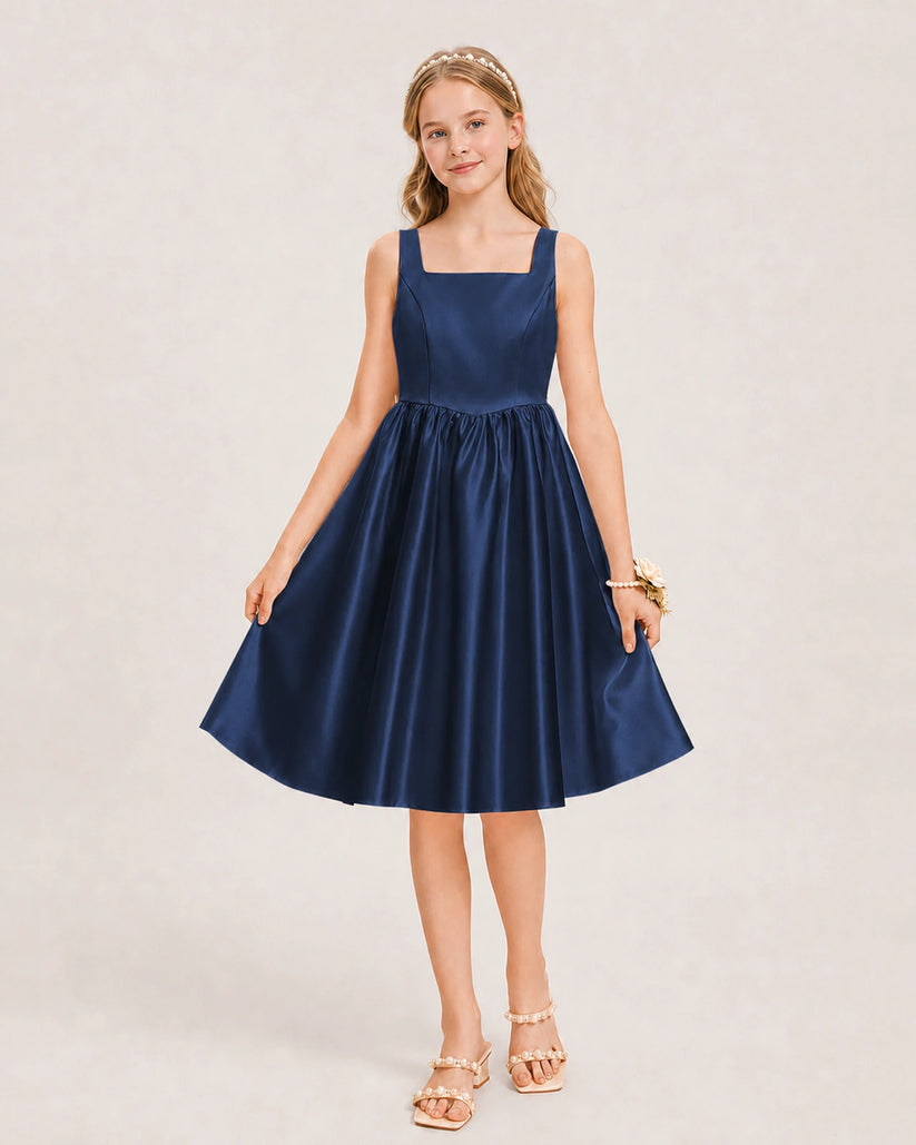 Navy Blue Satin A-line Junior Bridesmaid Dress Front View