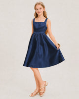 Navy Blue Satin A-line Junior Bridesmaid Dress Front View