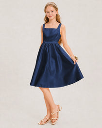 Navy Blue Satin Junior Bridesmaid Dress Knee-Length A-Line Gown