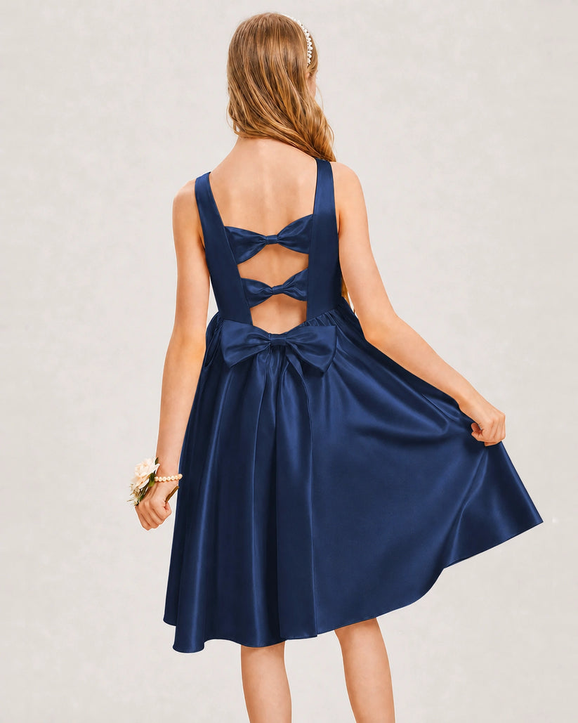 Navy Blue Satin A-line Junior Bridesmaid Dress Back View