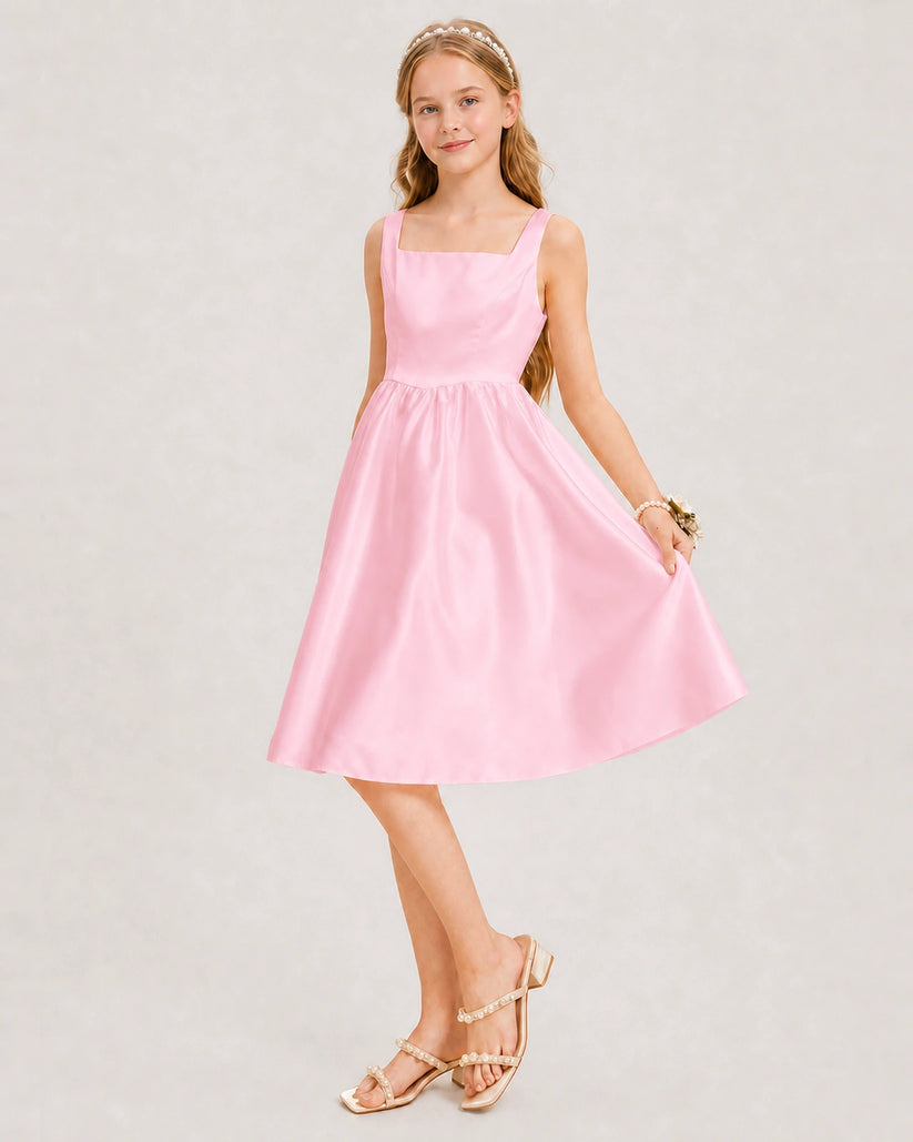 Pink Satin A-line Junior Bridesmaid Dress Front View