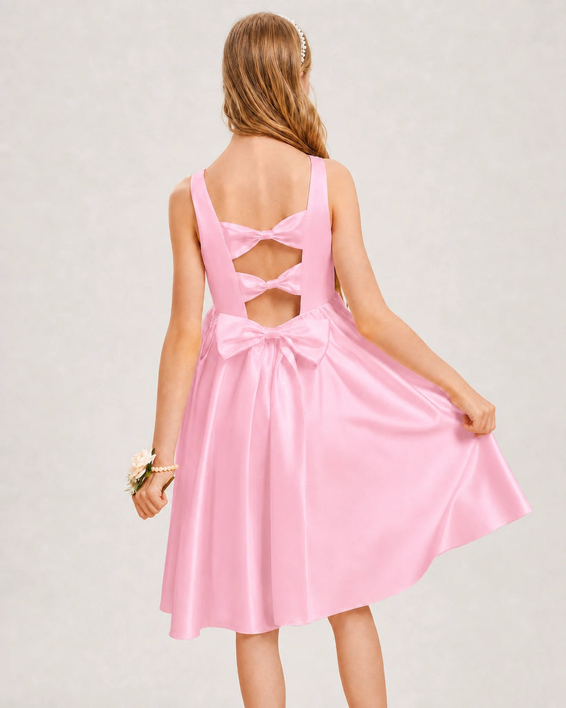 Pink Satin A-line Junior Bridesmaid Dress Back View
