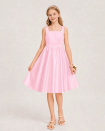 Pink Satin Junior Bridesmaid Dress Knee-Length A-Line Gown
