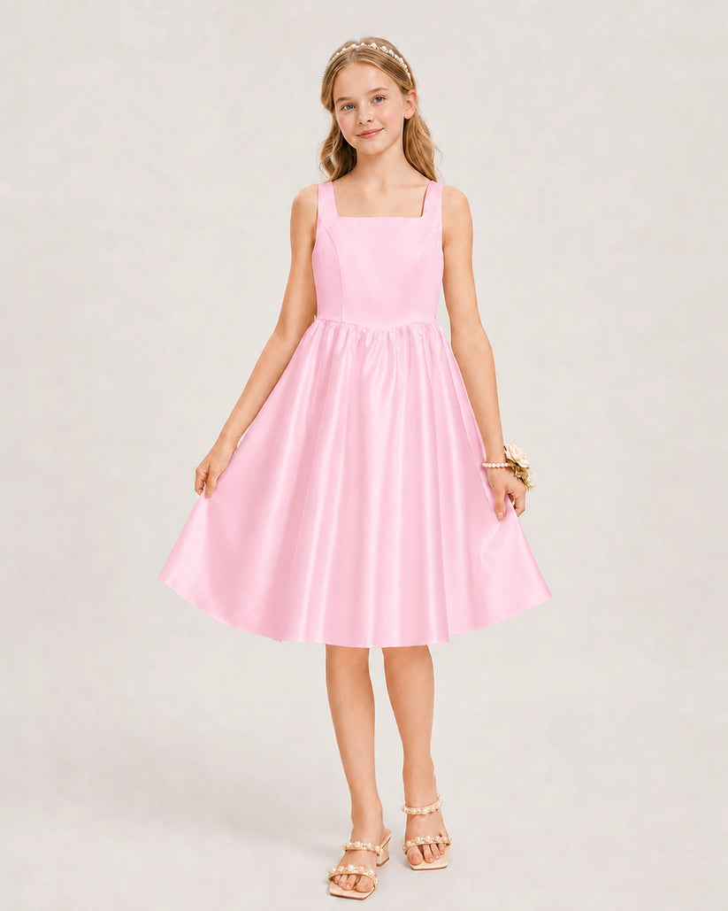 Pink Satin A-line Junior Bridesmaid Dress Front View