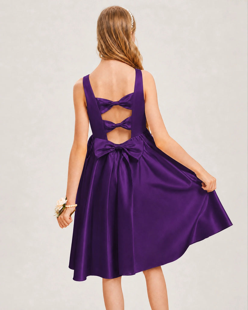 Purple Satin A-line Junior Bridesmaid Dress Back View