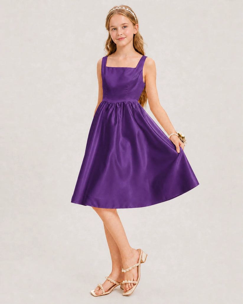 Purple Satin A-line Junior Bridesmaid Dress Front View