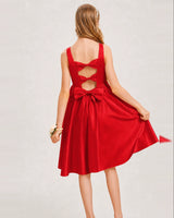 Red Satin A-line Junior Bridesmaid Dress Back View