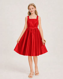 Red Satin Junior Bridesmaid Dress Knee-Length A-Line Gown