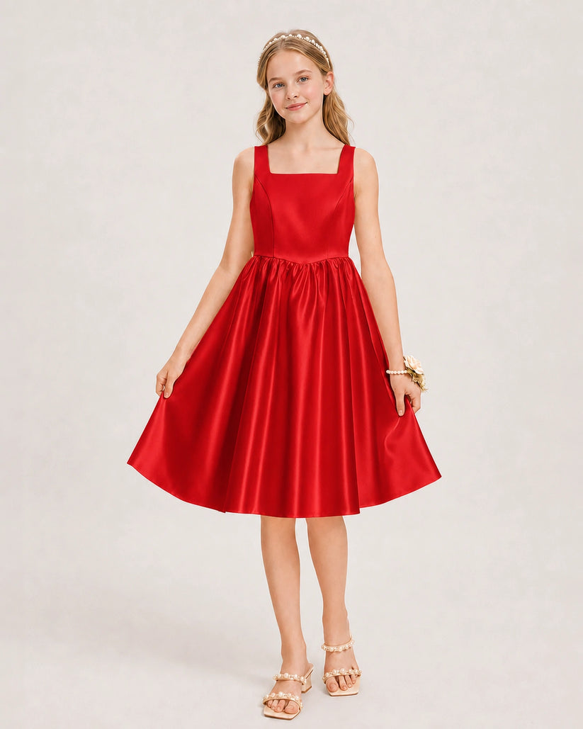 Red Satin A-line Junior Bridesmaid Dress Front View