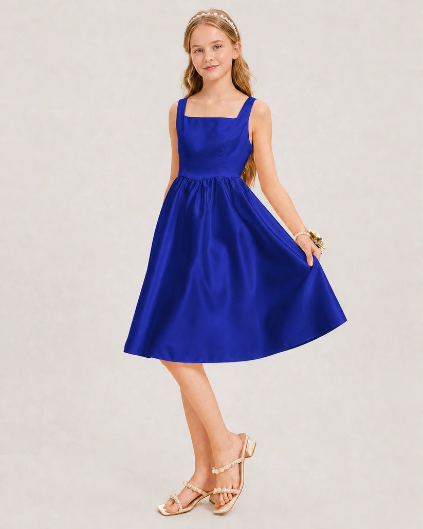 Royal Blue Satin A-line Junior Bridesmaid Dress Front View