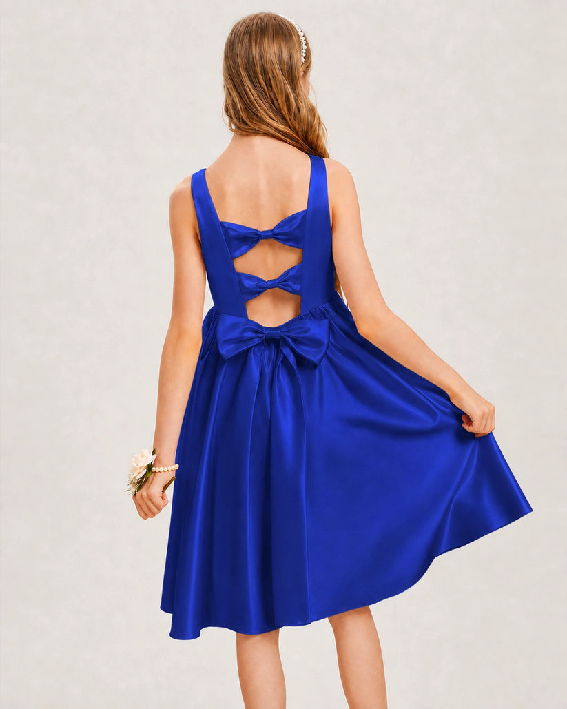 Royal Blue Satin A-line Junior Bridesmaid Dress Back View