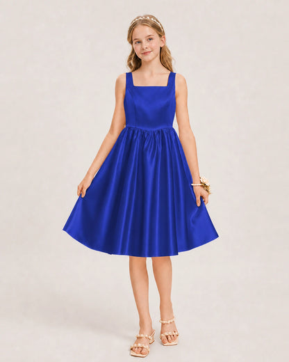 Royal Blue Satin Junior Bridesmaid Dress Knee-Length A-Line Gown