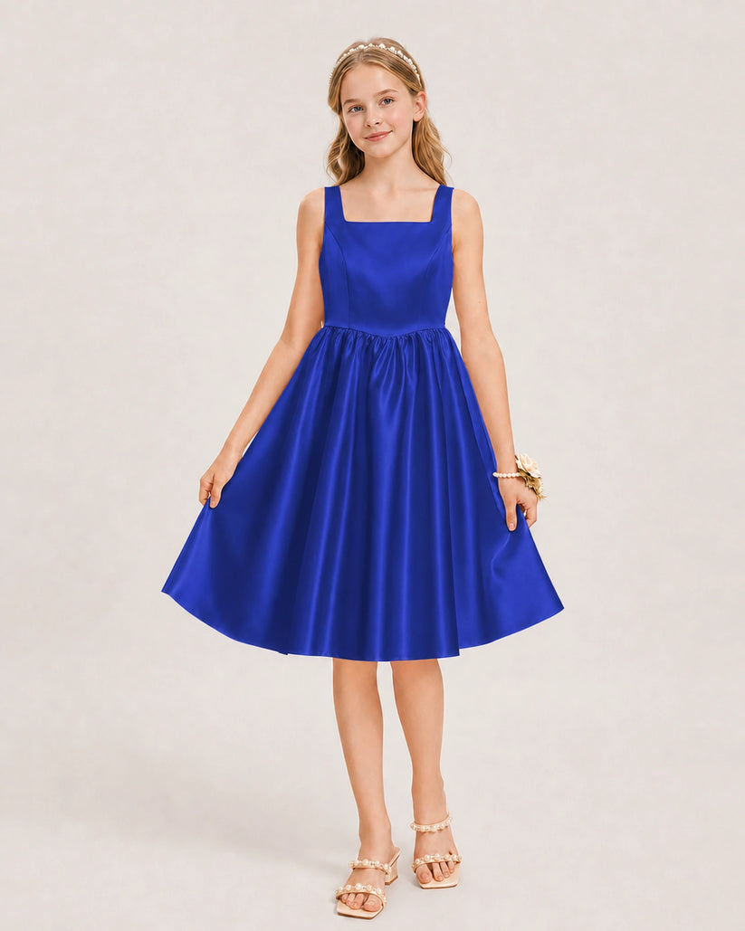 Royal Blue Satin A-line Junior Bridesmaid Dress Front View