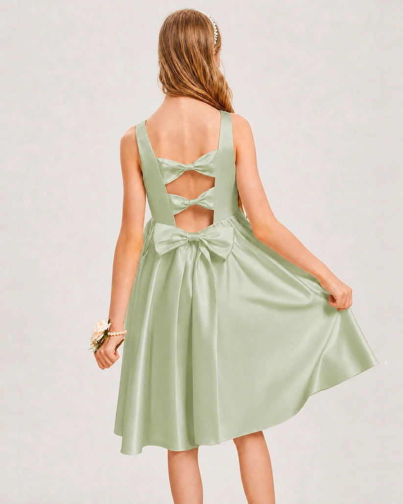 Sage Green Satin A-line Junior Bridesmaid Dress Back View