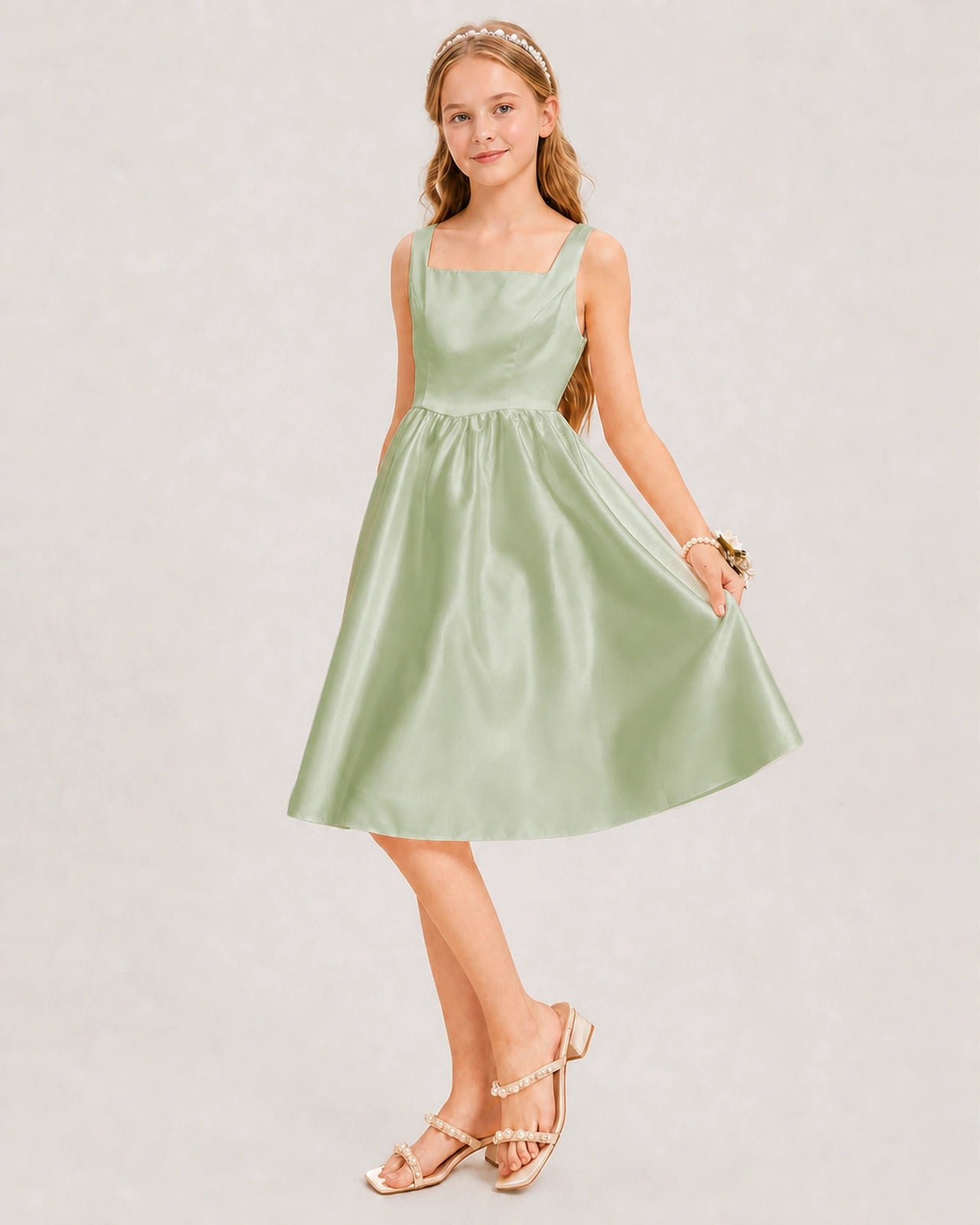 Sage Green Satin Junior Bridesmaid Dress Knee-Length A-Line Gown