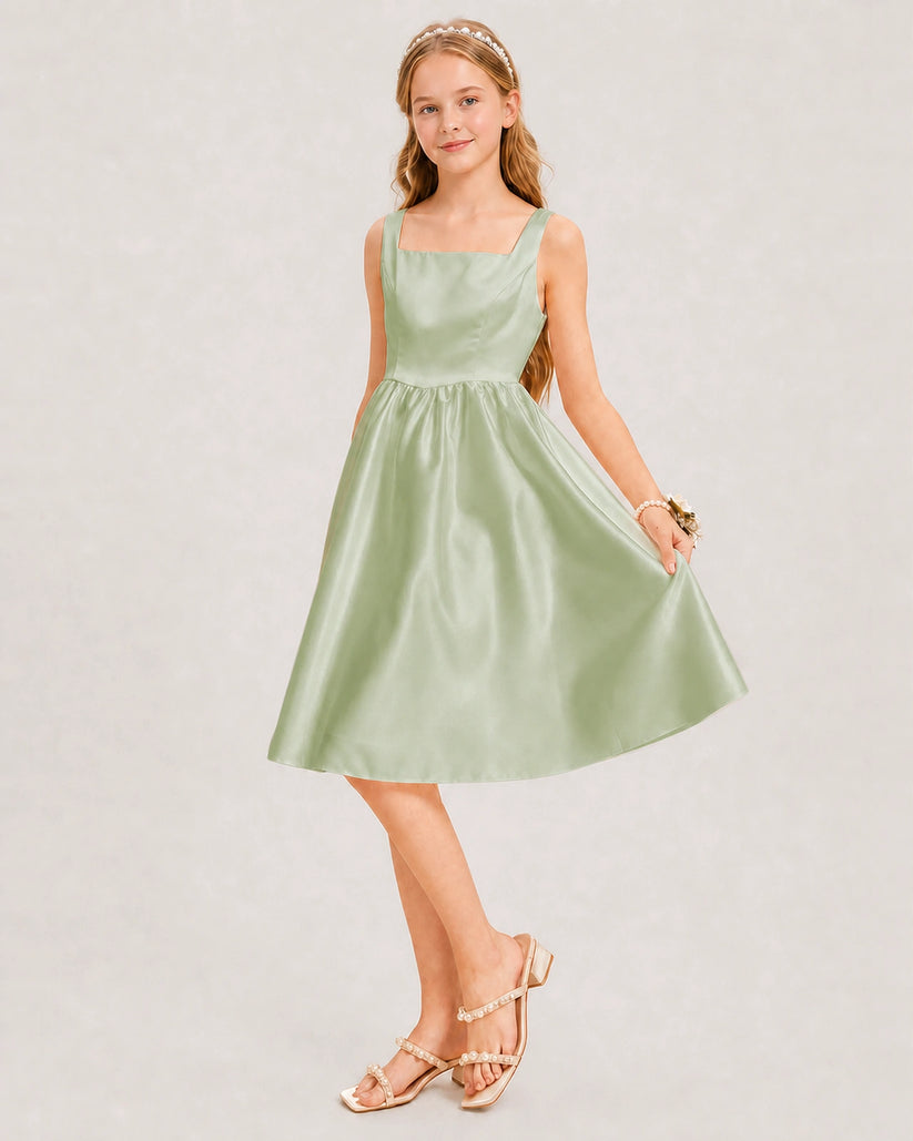 Sage Green Satin A-line Junior Bridesmaid Dress Front View