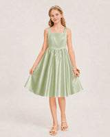 Sage Green Satin A-line Junior Bridesmaid Dress Front View