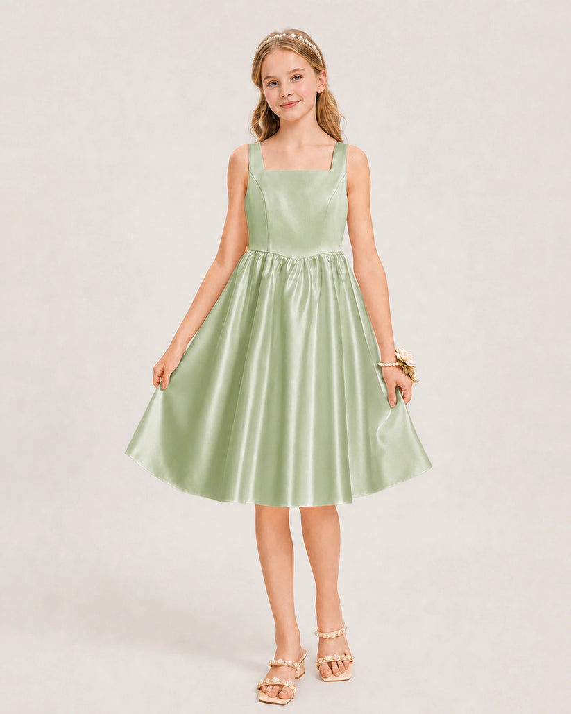 Sage Green Satin A-line Junior Bridesmaid Dress Front View