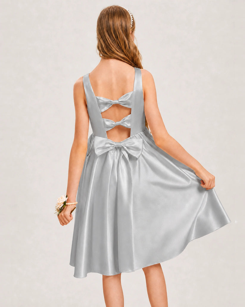 Silver Satin A-line Junior Bridesmaid Dress Back View