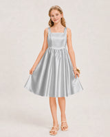 Silver Satin A-line Junior Bridesmaid Dress Front View