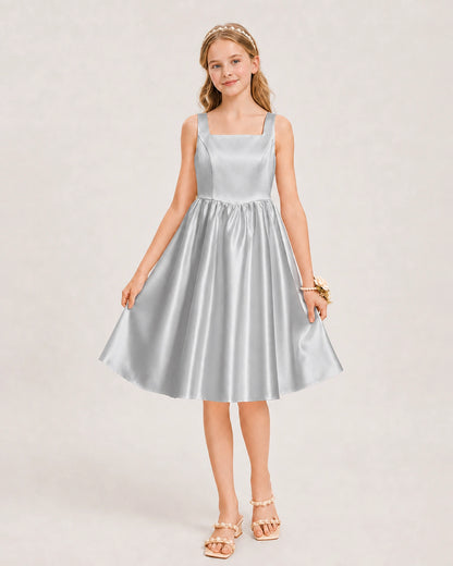 Silver Satin Junior Bridesmaid Dress Knee-Length A-Line Gown