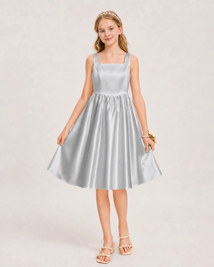 Silver Satin A-line Junior Bridesmaid Dress Front View
