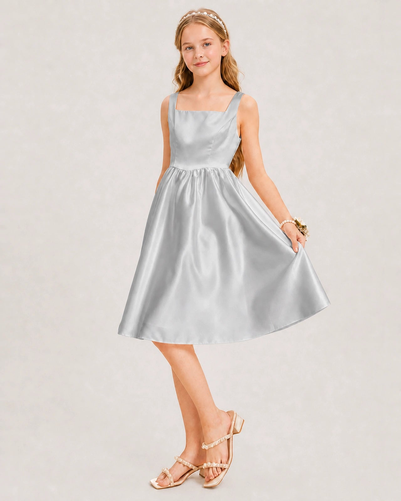 Silver Satin Junior Bridesmaid Dress Knee-Length A-Line Gown