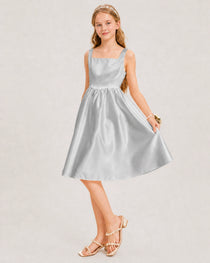 Silver Satin Junior Bridesmaid Dress Knee-Length A-Line Gown