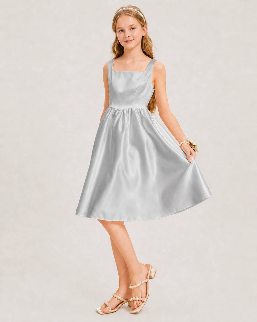 Silver Satin A-line Junior Bridesmaid Dress Front View