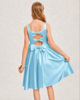 Sky Blue Satin A-line Junior Bridesmaid Dress Back View