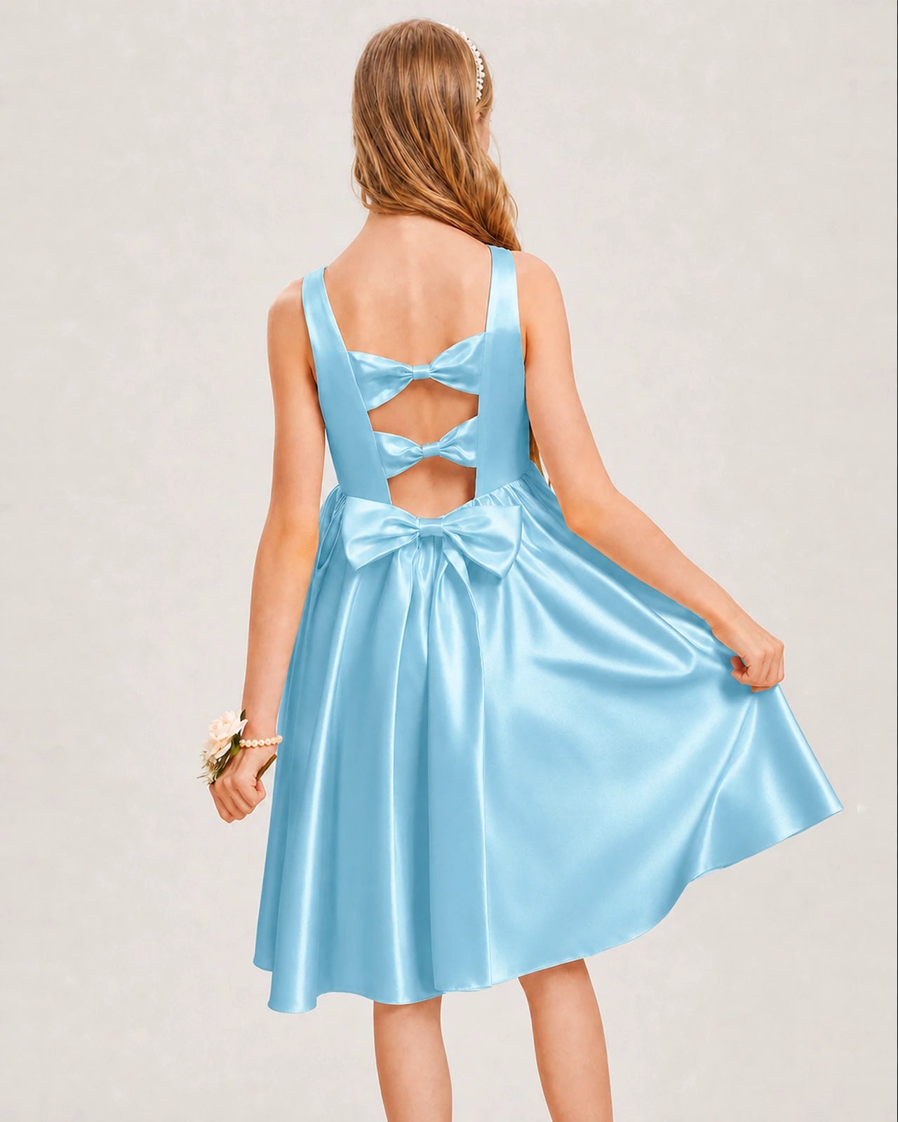 Sky Blue Satin Junior Bridesmaid Dress Knee-Length A-Line Gown