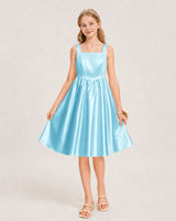 Sky Blue Satin A-line Junior Bridesmaid Dress Front View
