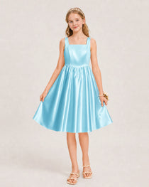 Sky Blue Satin Junior Bridesmaid Dress Knee-Length A-Line Gown