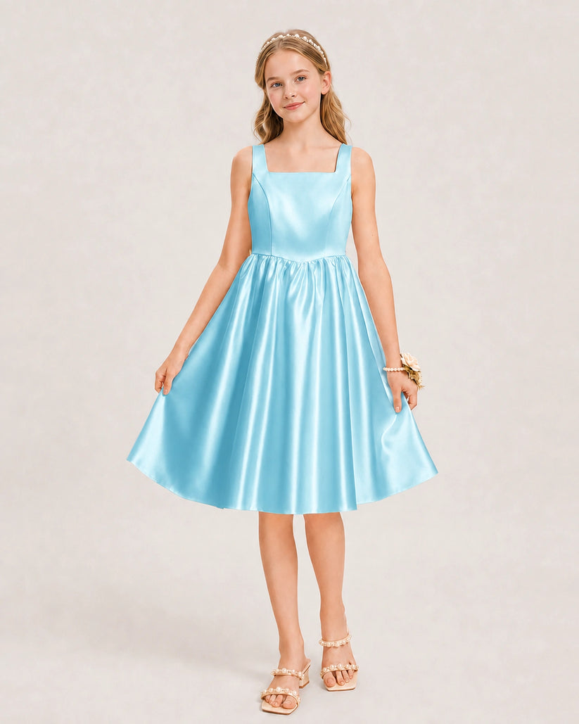 Sky Blue Satin A-line Junior Bridesmaid Dress Front View