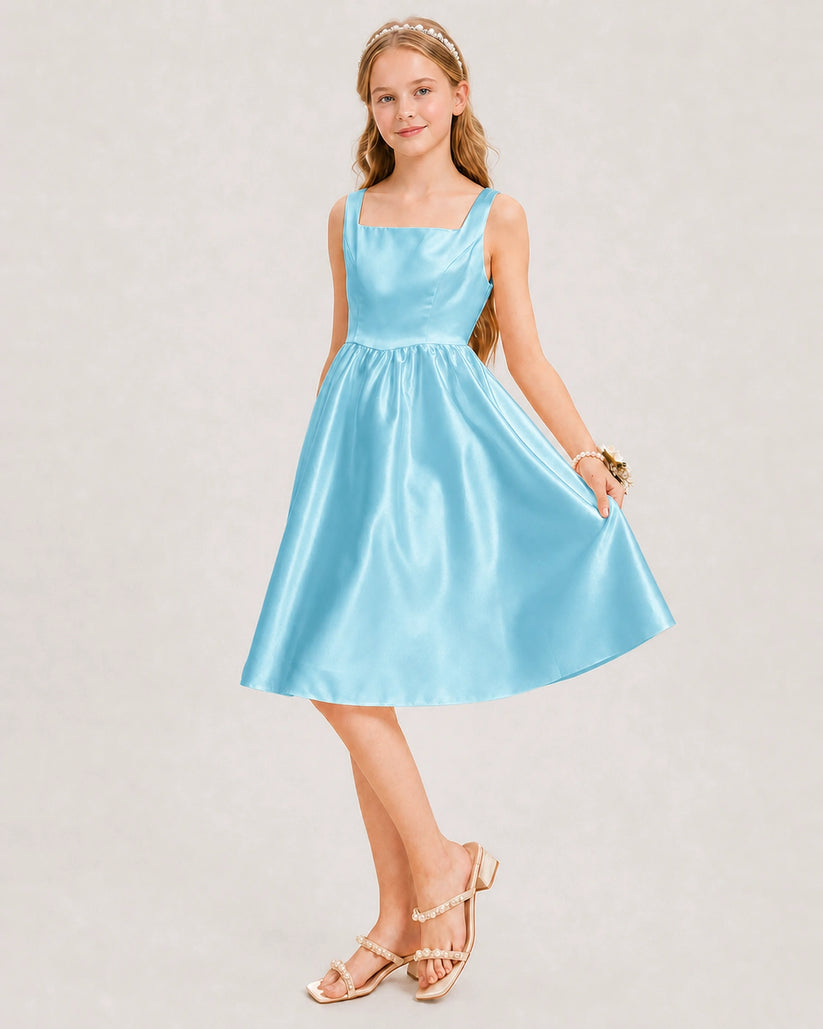Sky Blue Satin A-line Junior Bridesmaid Dress Front View