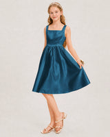 Teal Satin A-line Junior Bridesmaid Dress Front View