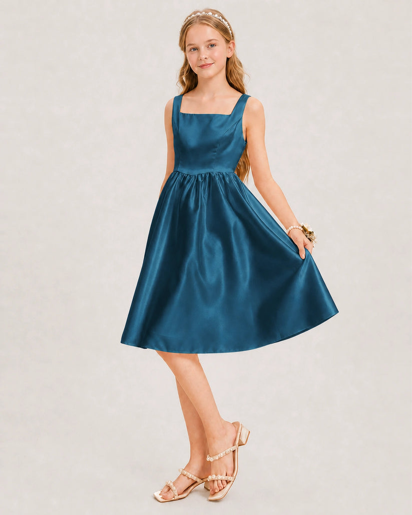 Teal Satin A-line Junior Bridesmaid Dress Front View
