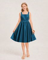 Teal Satin A-line Junior Bridesmaid Dress Front View