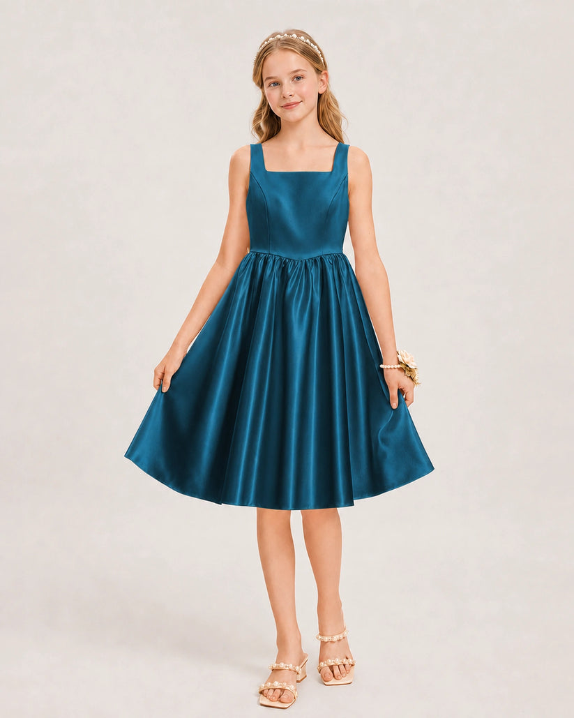 Teal Satin A-line Junior Bridesmaid Dress Front View