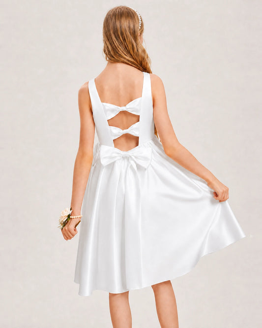 White Satin A-line Junior Bridesmaid Dress Back View