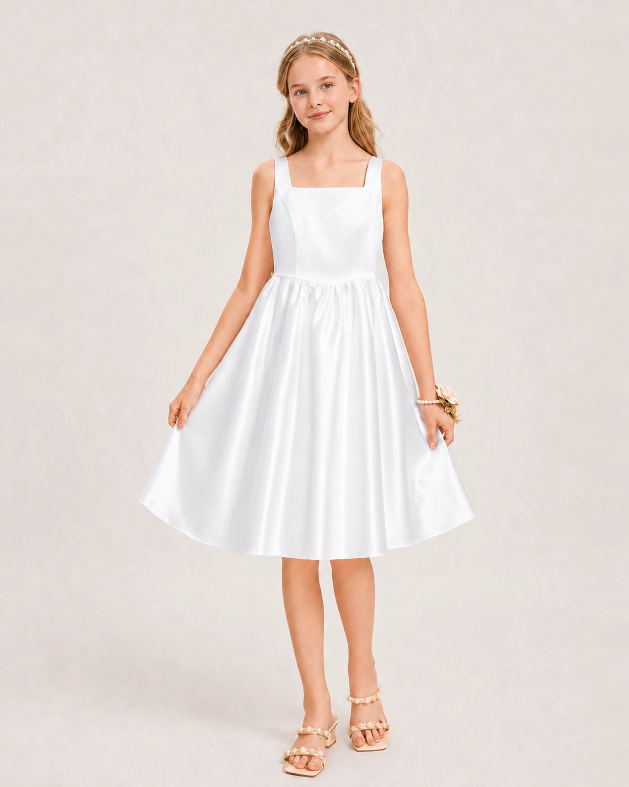 White Satin Junior Bridesmaid Dress Knee-Length A-Line Gown