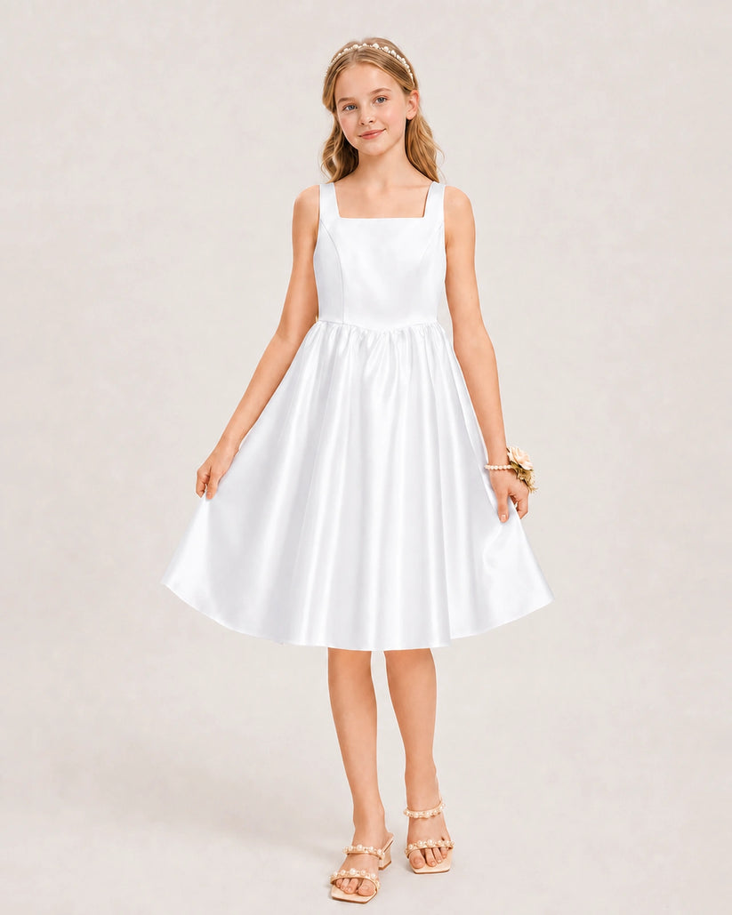 White Satin A-line Junior Bridesmaid Dress Front View