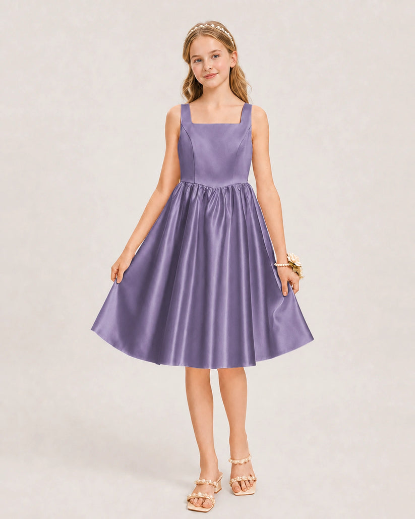 Wisteria Satin A-line Junior Bridesmaid Dress Front View