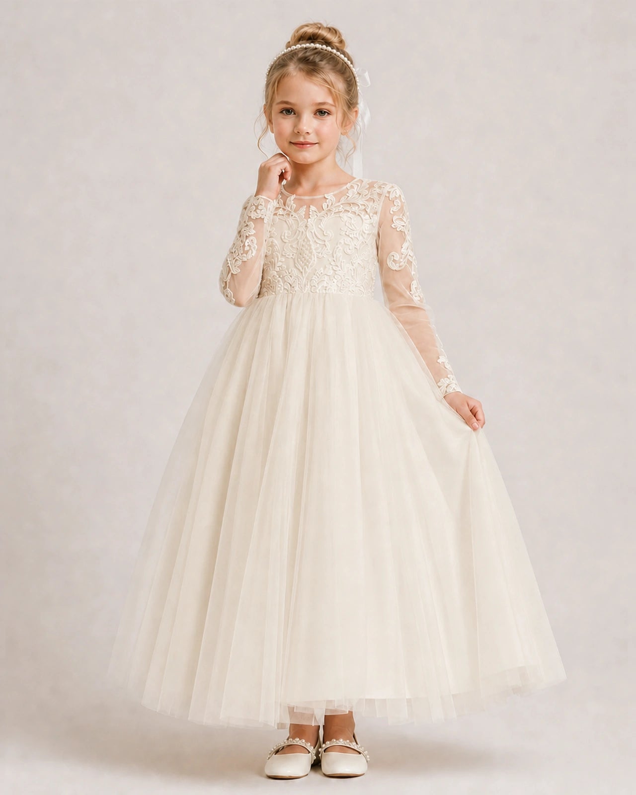 Champagne First Communion Dress Button Back Lace Sleeve Bow Tulle Gown Front View