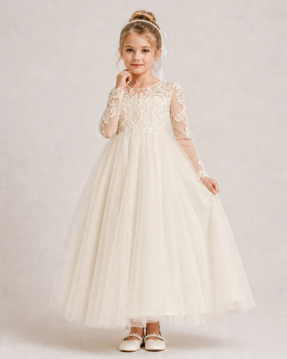 Champagne First Communion Dress Button Back Lace Sleeve Bow Tulle Gown Front View