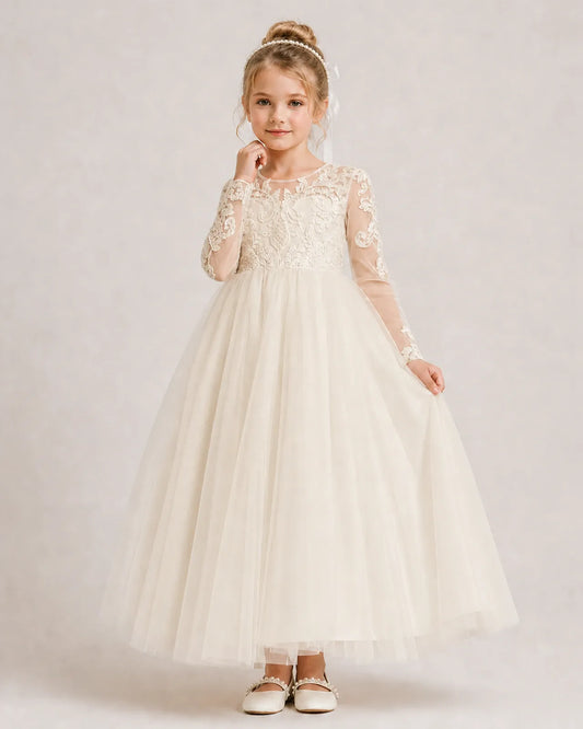 Champagne Lace A-line First Communion Dress Front View