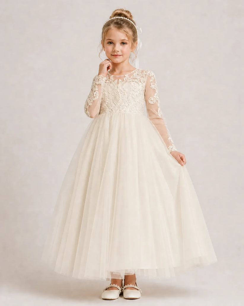 Champagne Lace A-line First Communion Dress Front View
