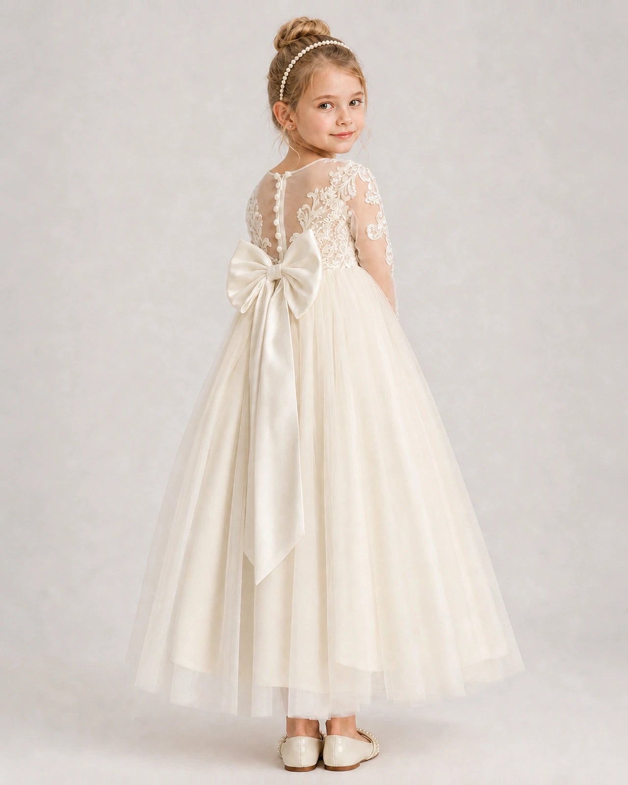 Champagne First Communion Dress Button Back Lace Sleeve Bow Tulle Gown Back View